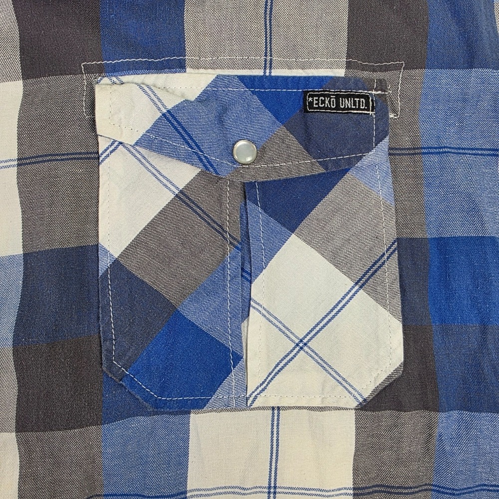 Ecko Unltd 4XL Plaid Button Up Shirt Blue Gray Short Sleeve ‎ Streetwear - Picture 4 of 9